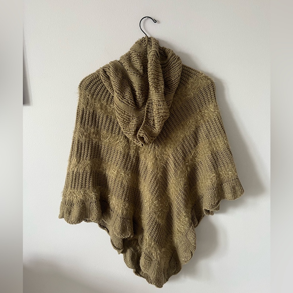 Cozy Hooded Knit Poncho Sweater in Olive